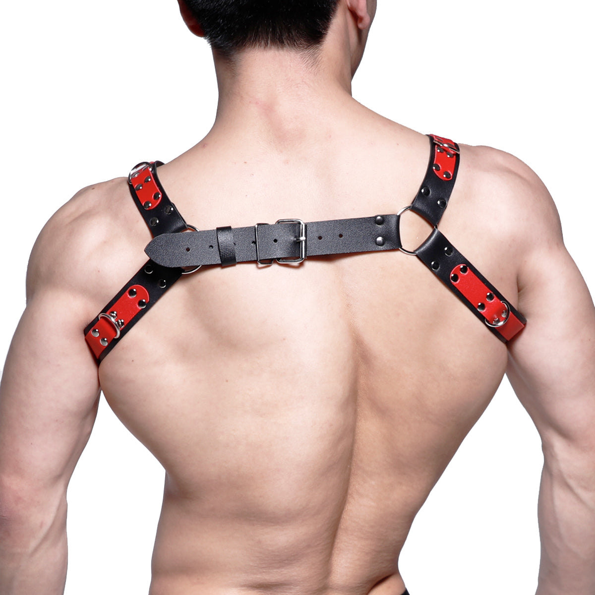 Black and red leather harness with silver-toned metal hardware from MetroMaleWear leather harness red mh2 collection