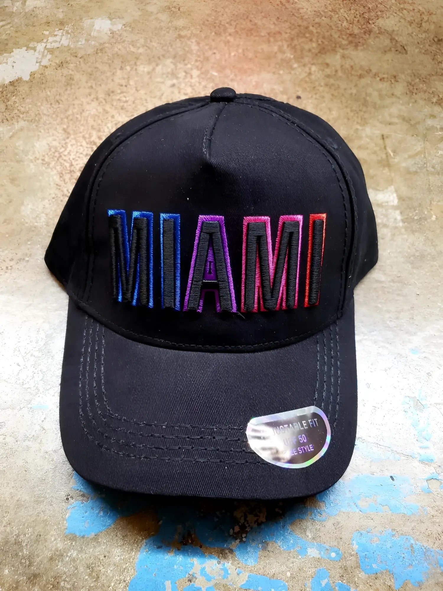 Black cotton miami baseball cap with gradient rainbow embroidery on the front for casual wear