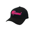 Black miami baseball cap with vibrant pink and blue embroidered script on the front for casual wear