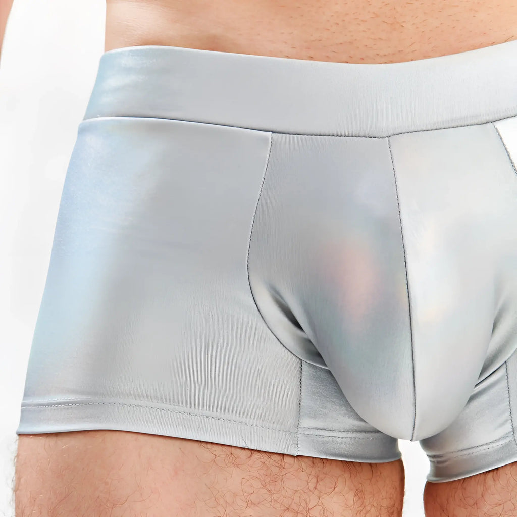 Light gray shiny fabric briefs with smooth form fitting design for miami jock barbie men’s sexy halloween costume