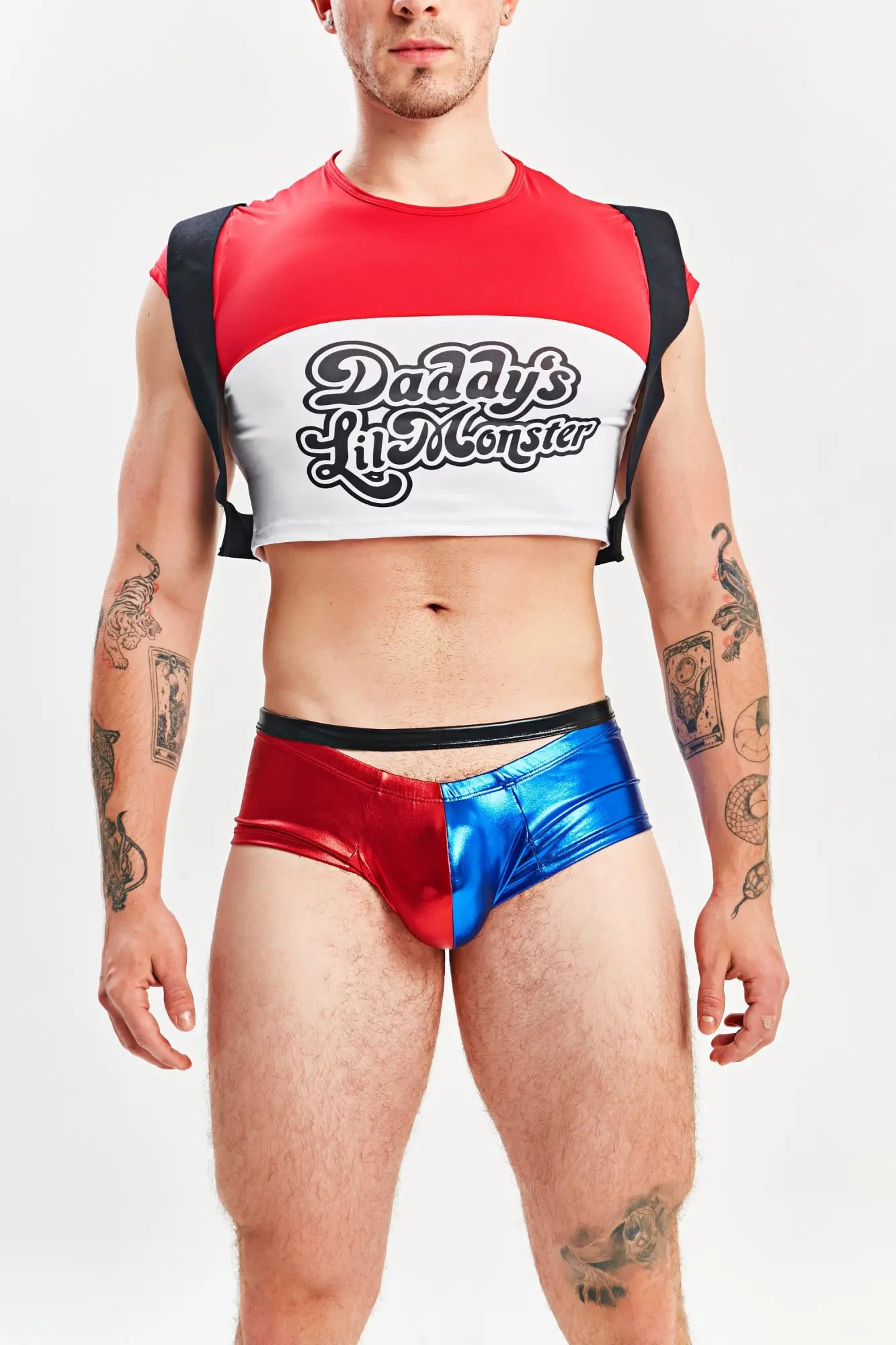 Miami jock harley quinn men’s sexy halloween costume metallic red and blue half-body briefs with black trim