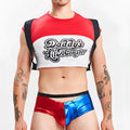 Red and blue metallic half-body briefs with black waistband from miami jock harley quinn men’s sexy halloween costume mjt011