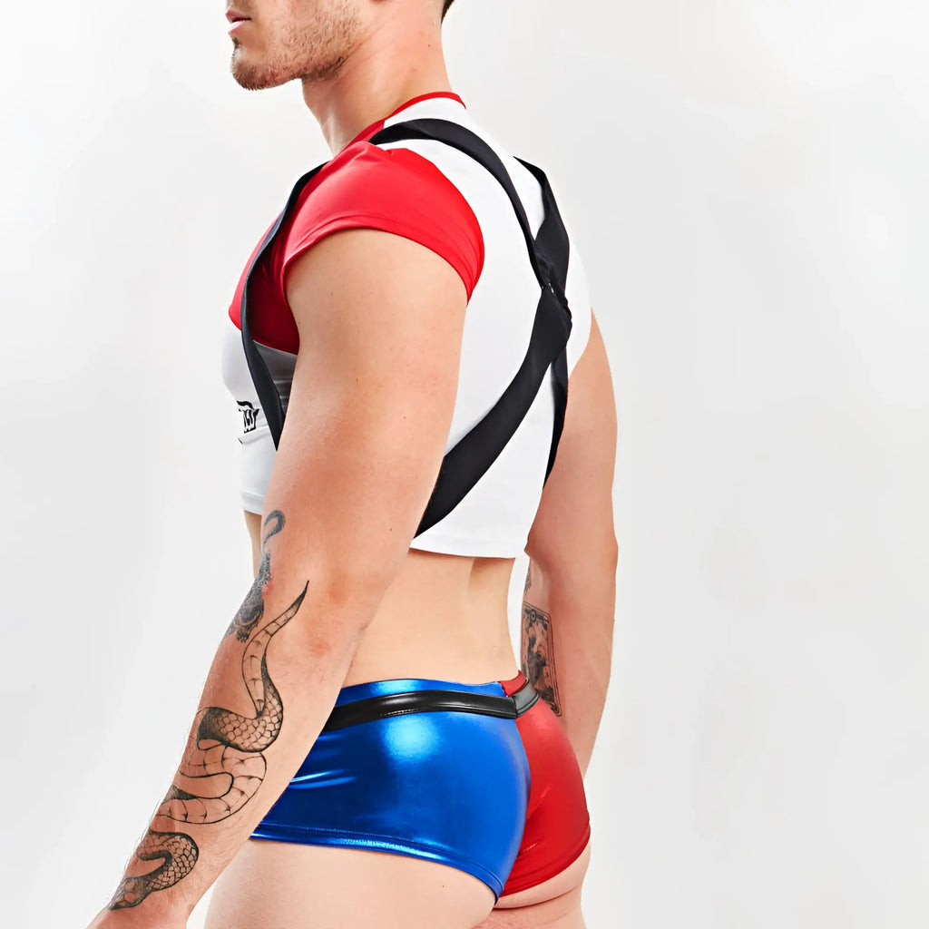 Men’s sexy halloween costume miami jock harley quinn metallic red and blue shorts with black trim