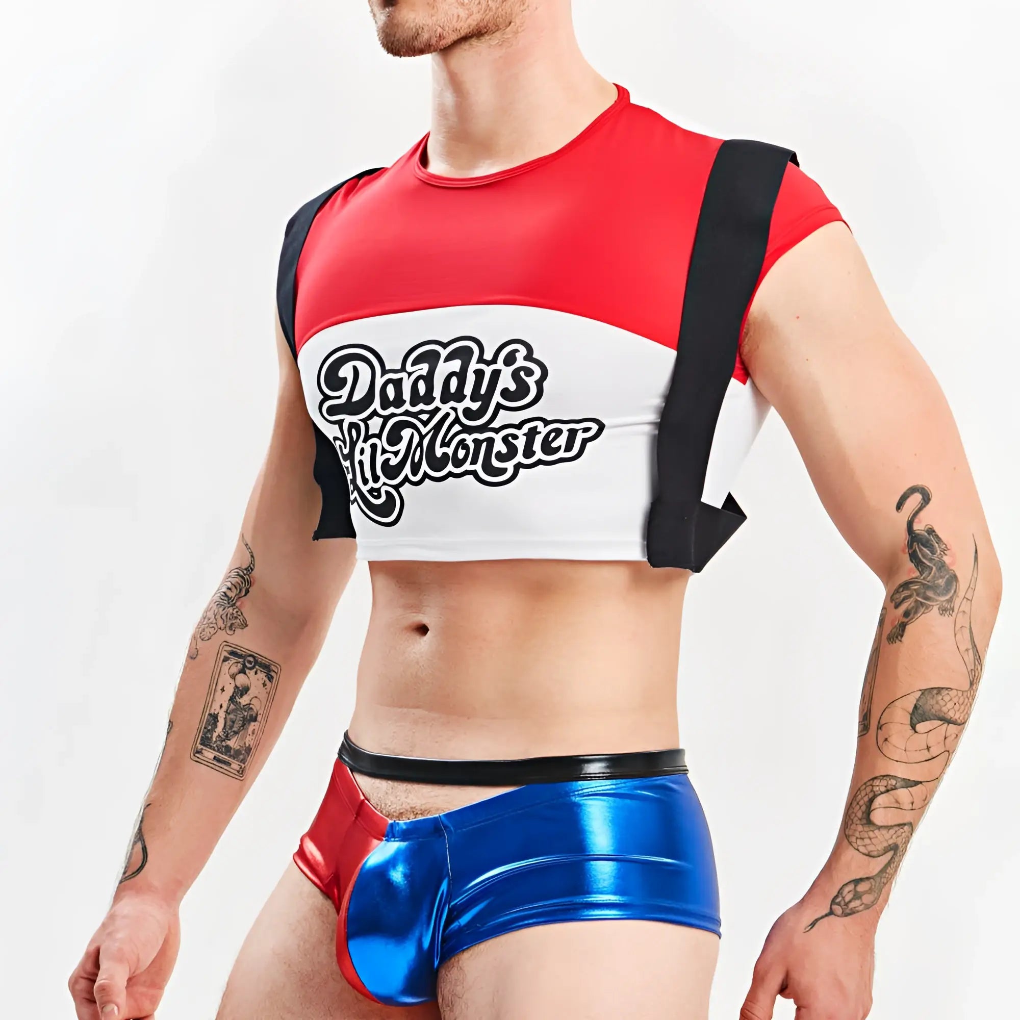 Red white and black cropped top with daddys little monster text in stylized font for miami jock harley quinn costume