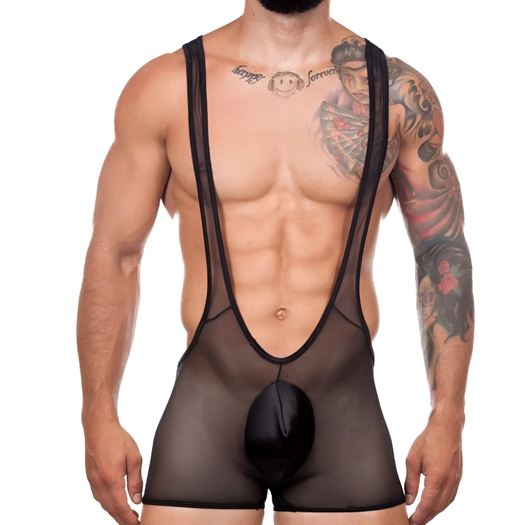 Black sheer mesh men’s bodysuit with solid black padded pouch front from Miami Jock Exalting Sagacity collection