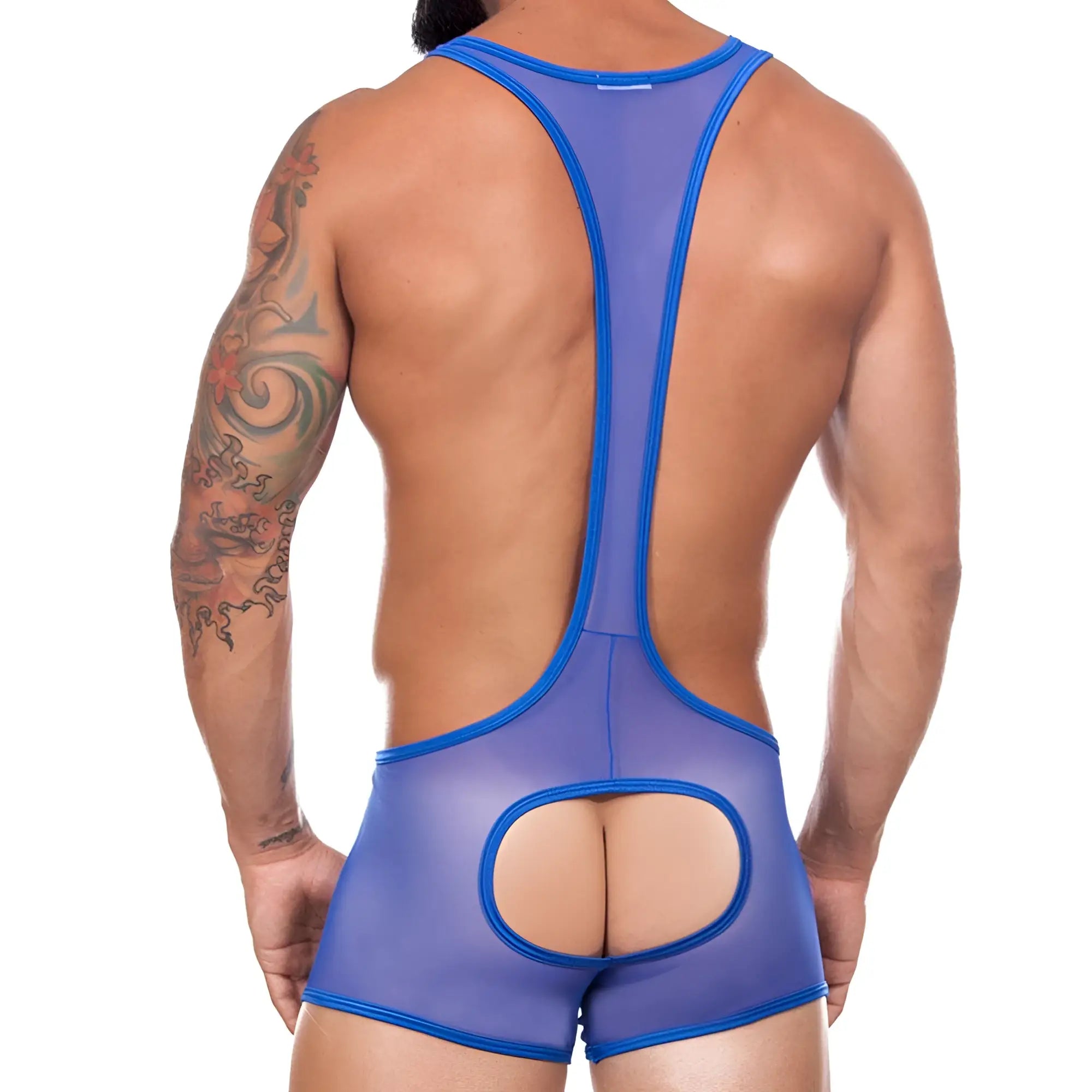 Blue sheer mesh men’s bodysuit with bold blue trim and back cutout shown from the back by miami jock mj030824
