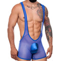 Blue sheer wrestling singlet with shiny blue satin pouch front from miami jock mj030824 exalting sagacity bodysuit
