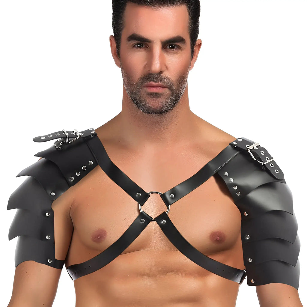 Black leather shoulder armor with layered spiked plates and silver metal buckles for miami jock mjc001 costume