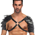 Black leather shoulder armor with layered spiked plates and silver metal buckles for miami jock mjc001 costume