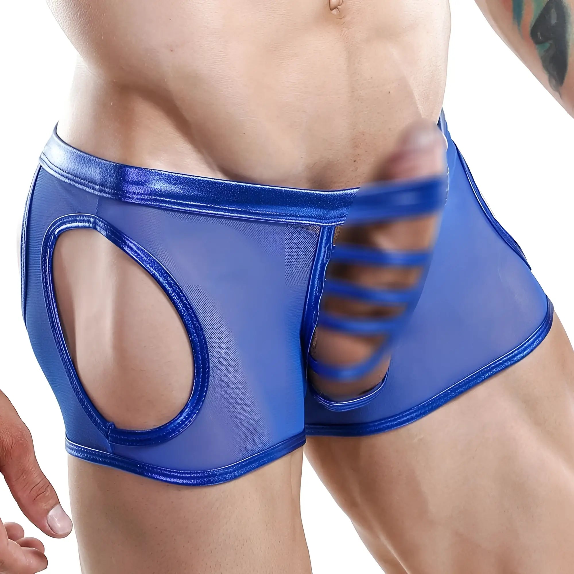 Blue metallic mesh briefs with cutout design from miami jock mje034 jockstrap showcasing front view