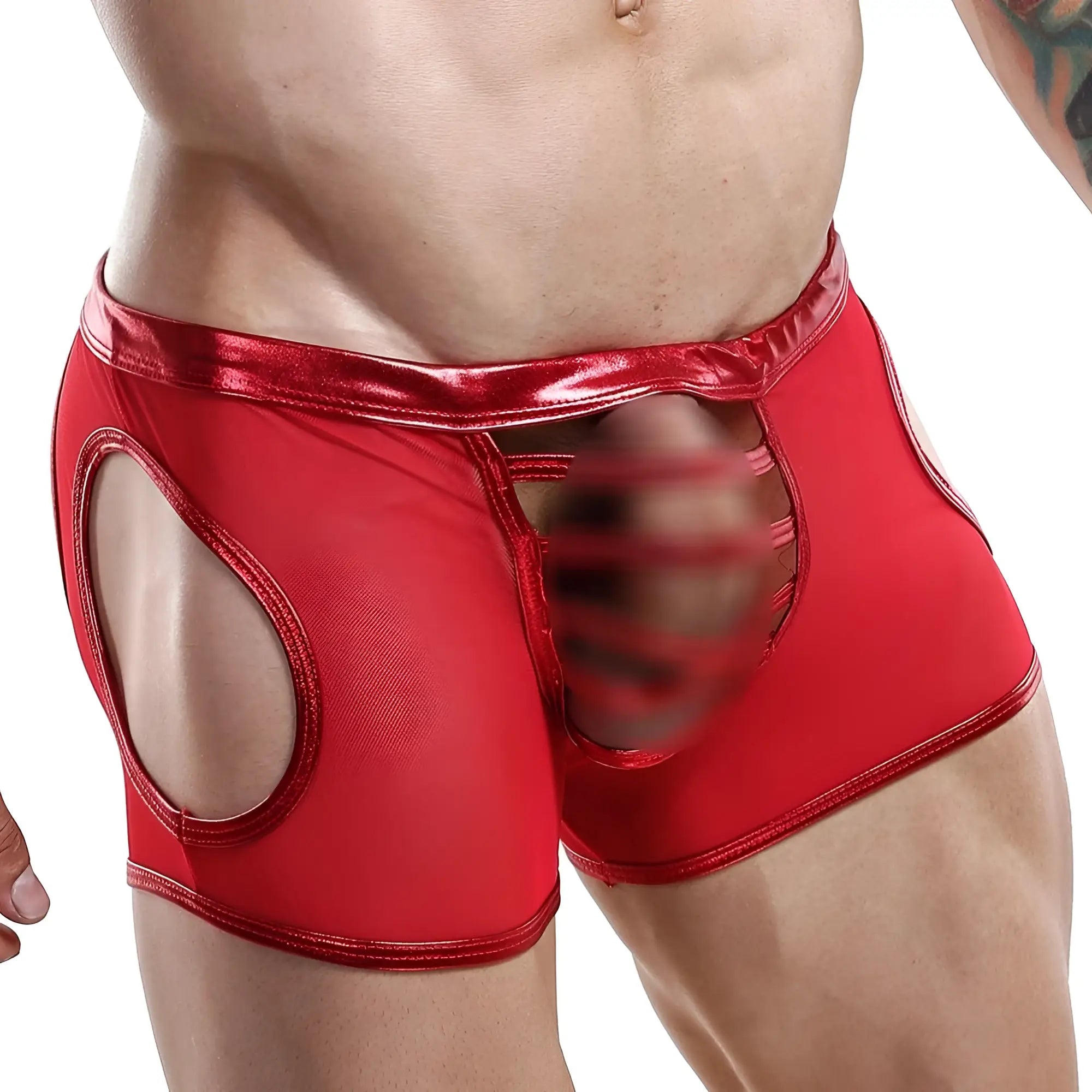 Red metallic-finish cut-out briefs with shiny reflective waistband from miami jock MJE034 jockstrap collection