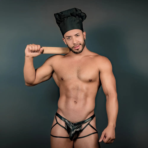 Black shiny latex thong with crisscross straps shown from the back in miami jock mje045 jockstrap product image