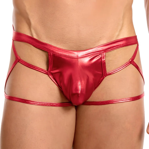 Shiny red metallic miami jock mje045 thong with crisscross side straps for a bold stylish look