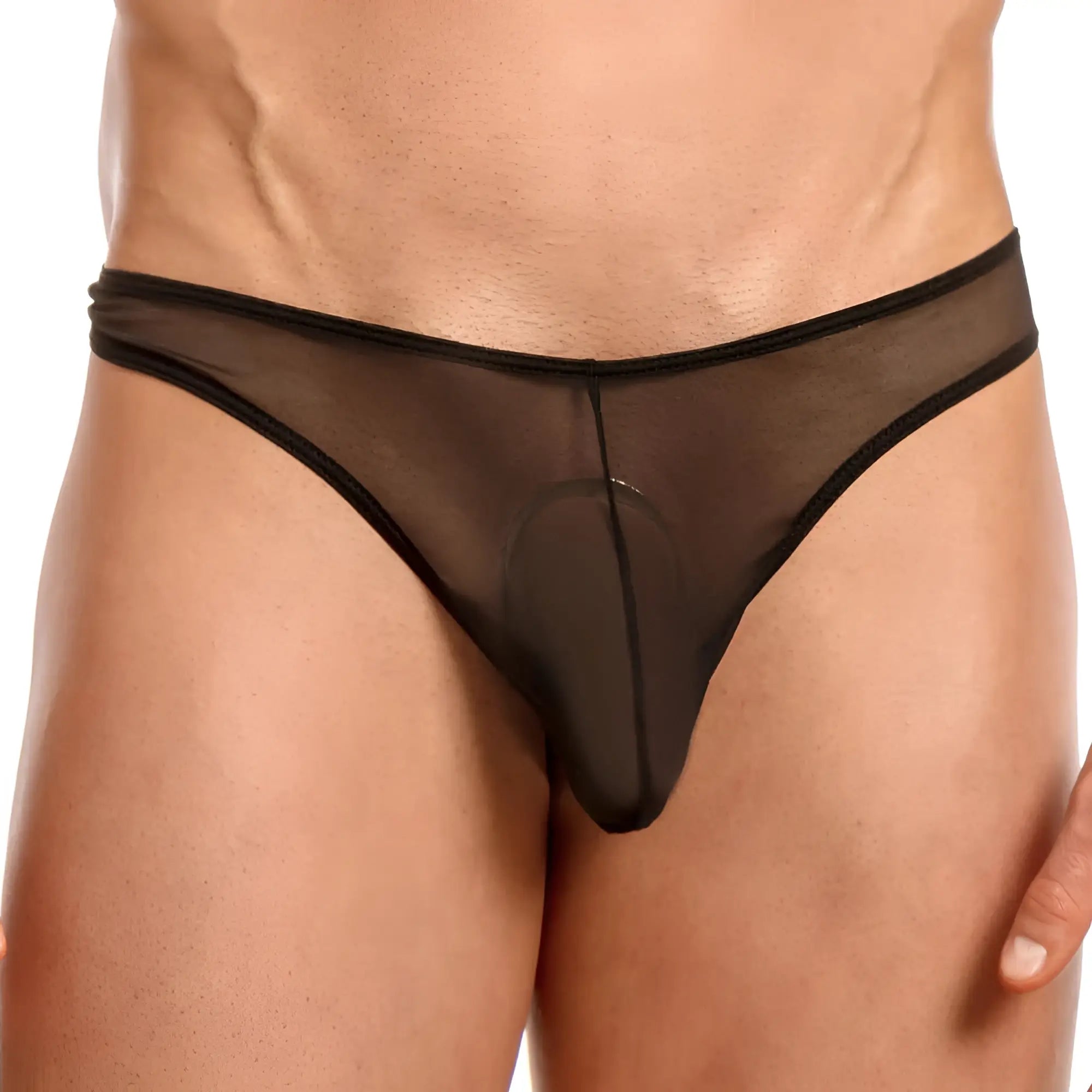 Black sheer mesh Miami Jock MJK014 thong with elastic trim shown from the back side