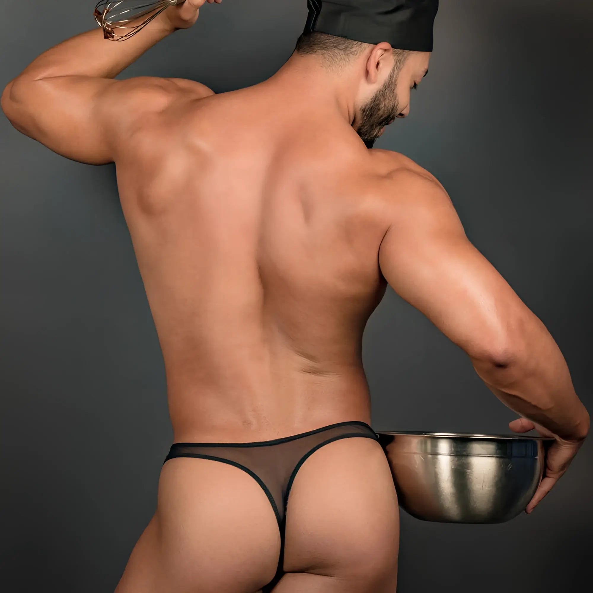Black sheer mesh thong with black trim showing the back side from miami jock mjk014 thong collection