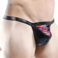 Black patent leather thong with red and blue lace-up detailing perfect combination miami jock g-string front view
