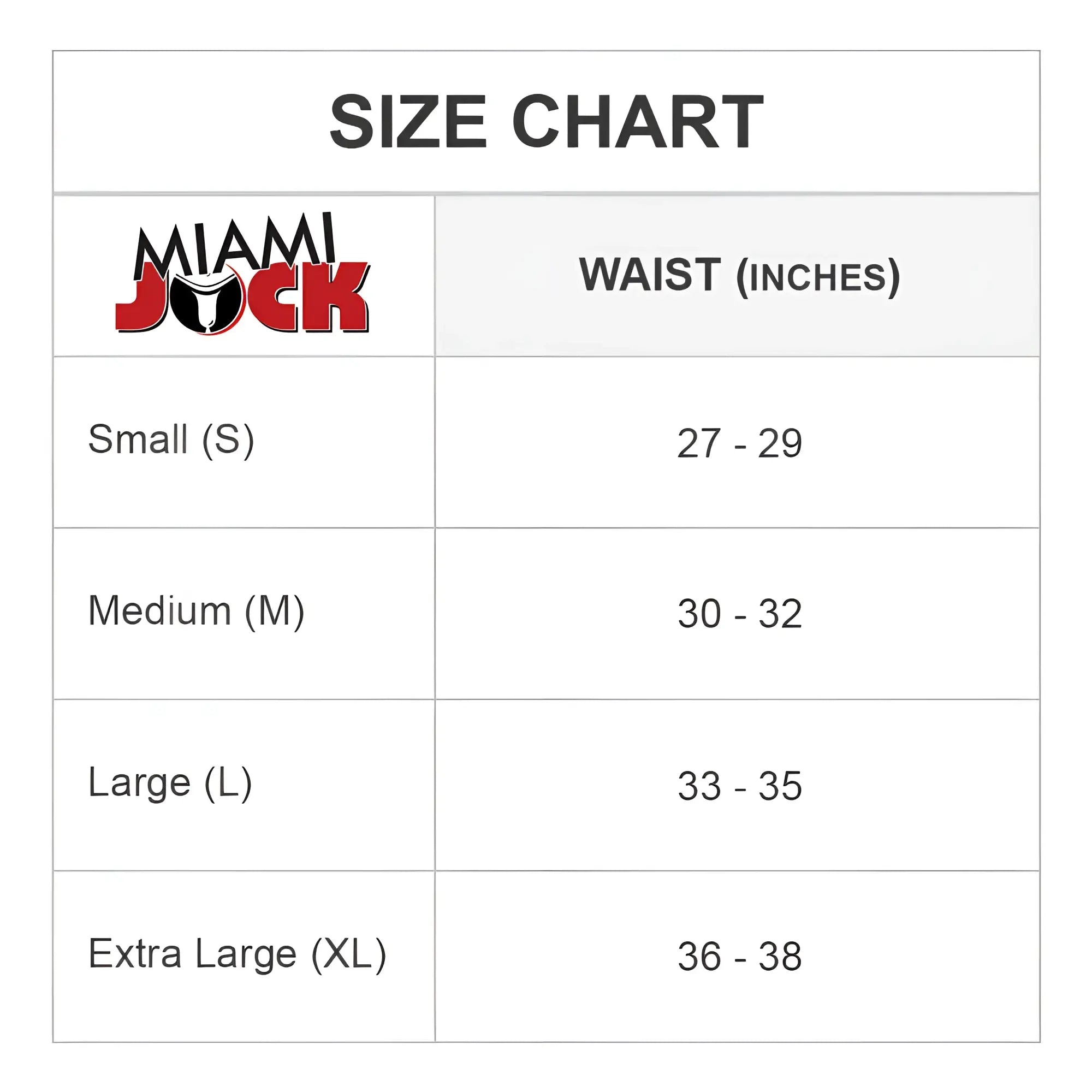Miami jock MJL018 G-string size chart showing waist measurements in inches for proper fit guidance