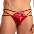 Shiny red metallic Miami Jock MJL027 g-string thong with crisscross straps shown from the back side