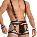 Black and white striped leather harness shorts with black pouch detail from Miami Jock MJT003 SET front view