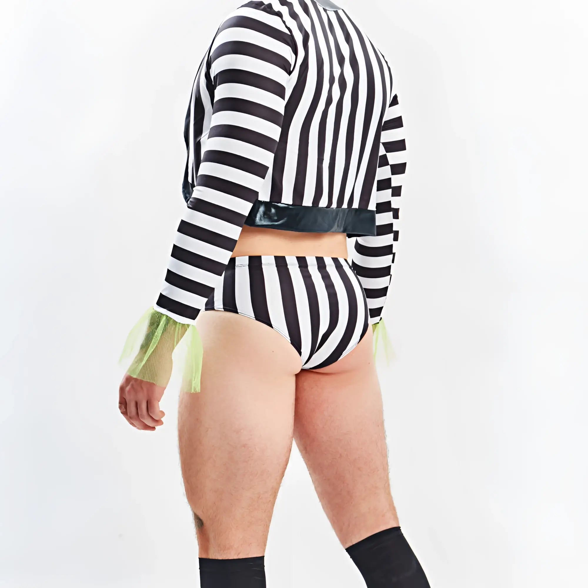 Black and white vertically striped long-sleeved crop top with shiny black belt and neon green mesh cuffs from Miami Jock MJT009 Set