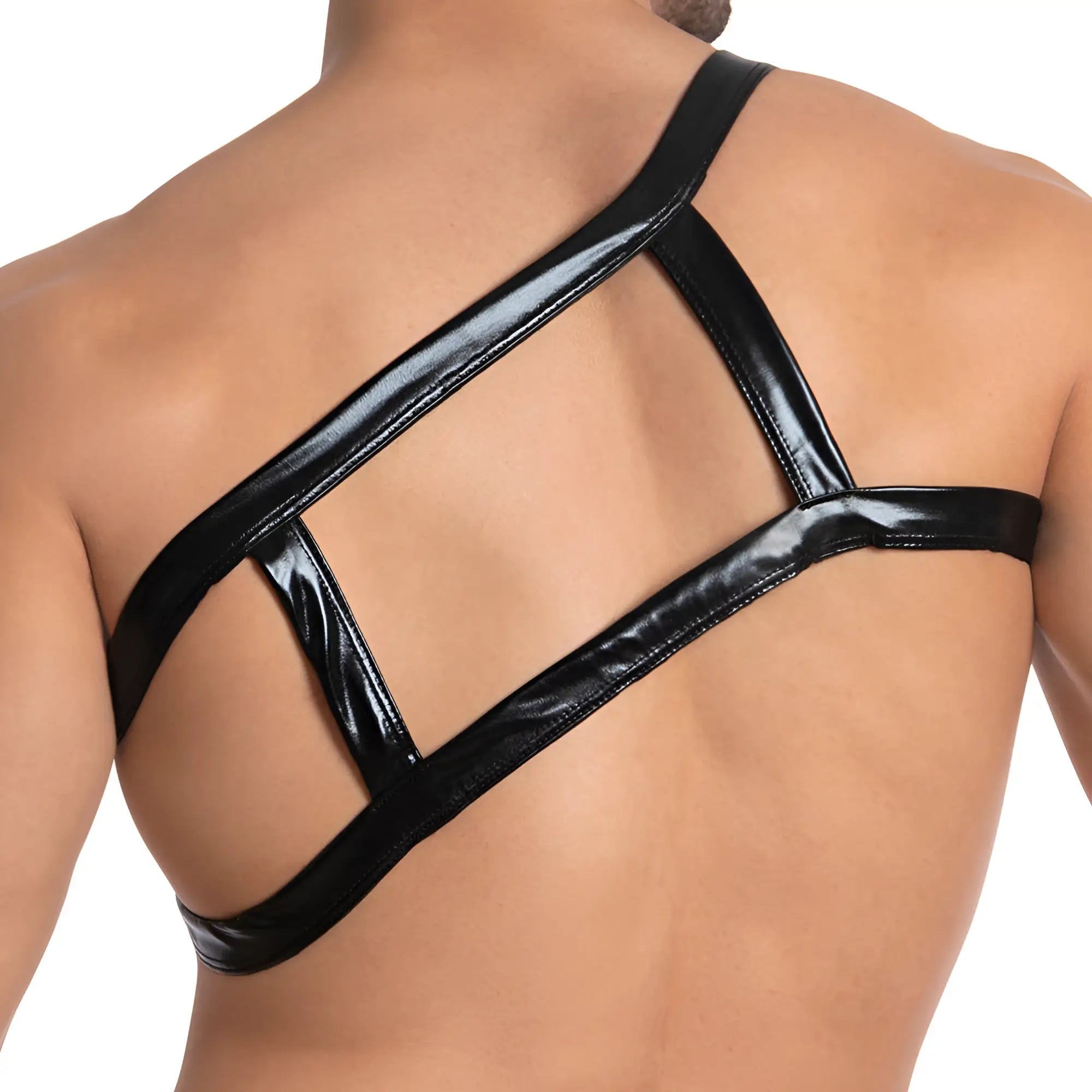 Black patent leather strappy backless top with crisscross design shown from the back in miami jock mju006 accessory