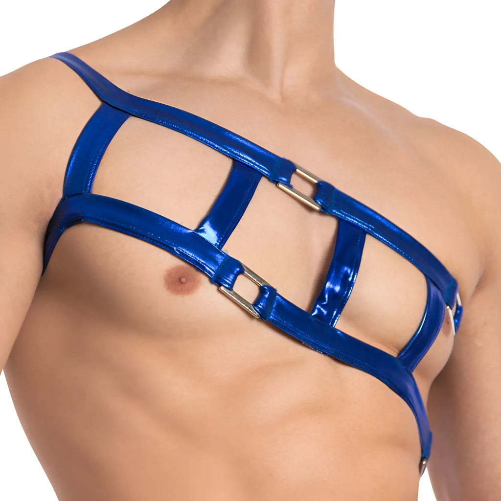 Vibrant blue metallic Miami jock MJU006 accessory harness with sleek shiny straps and silver toned buckles