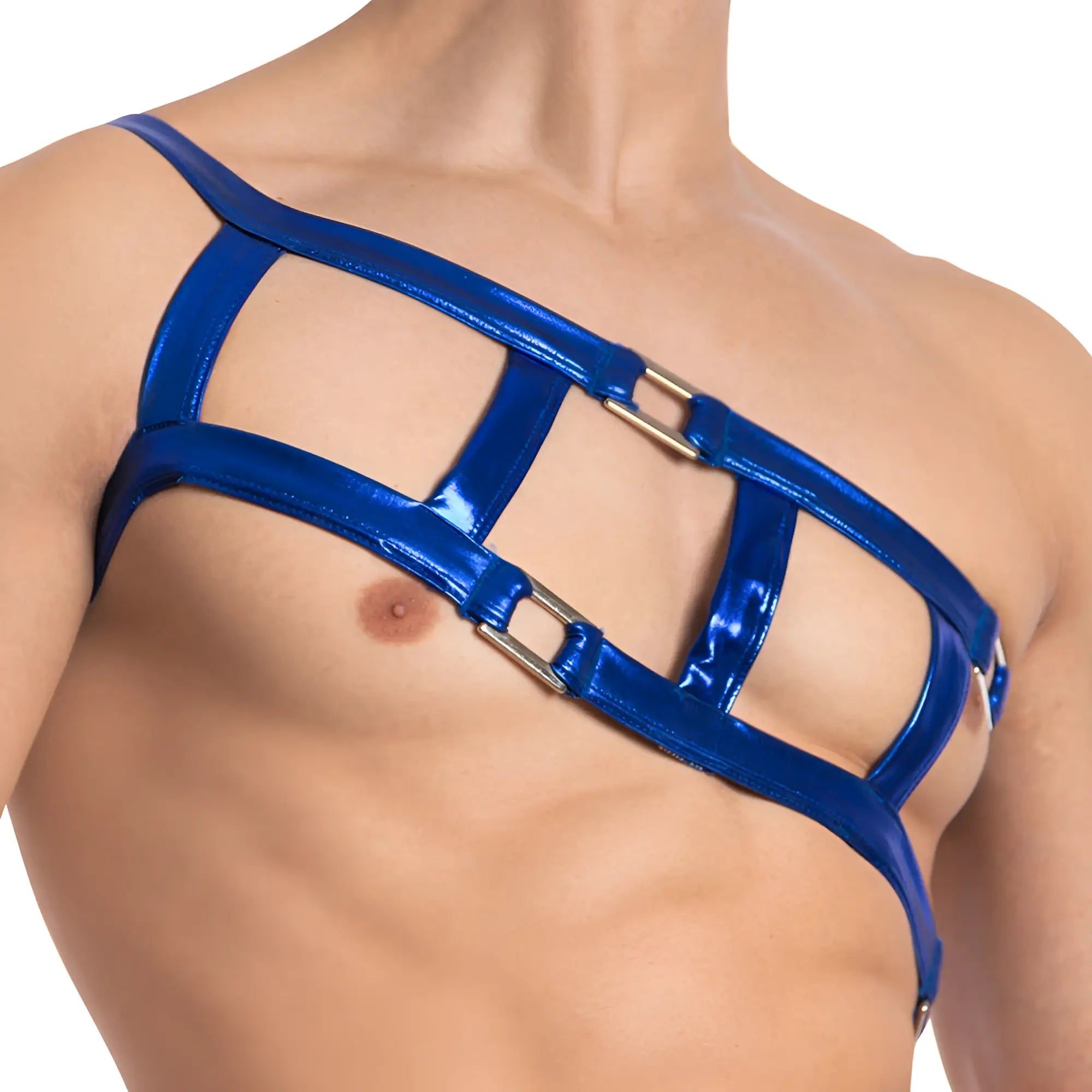 Vibrant blue metallic Miami jock MJU006 accessory harness with sleek shiny straps and silver toned buckles