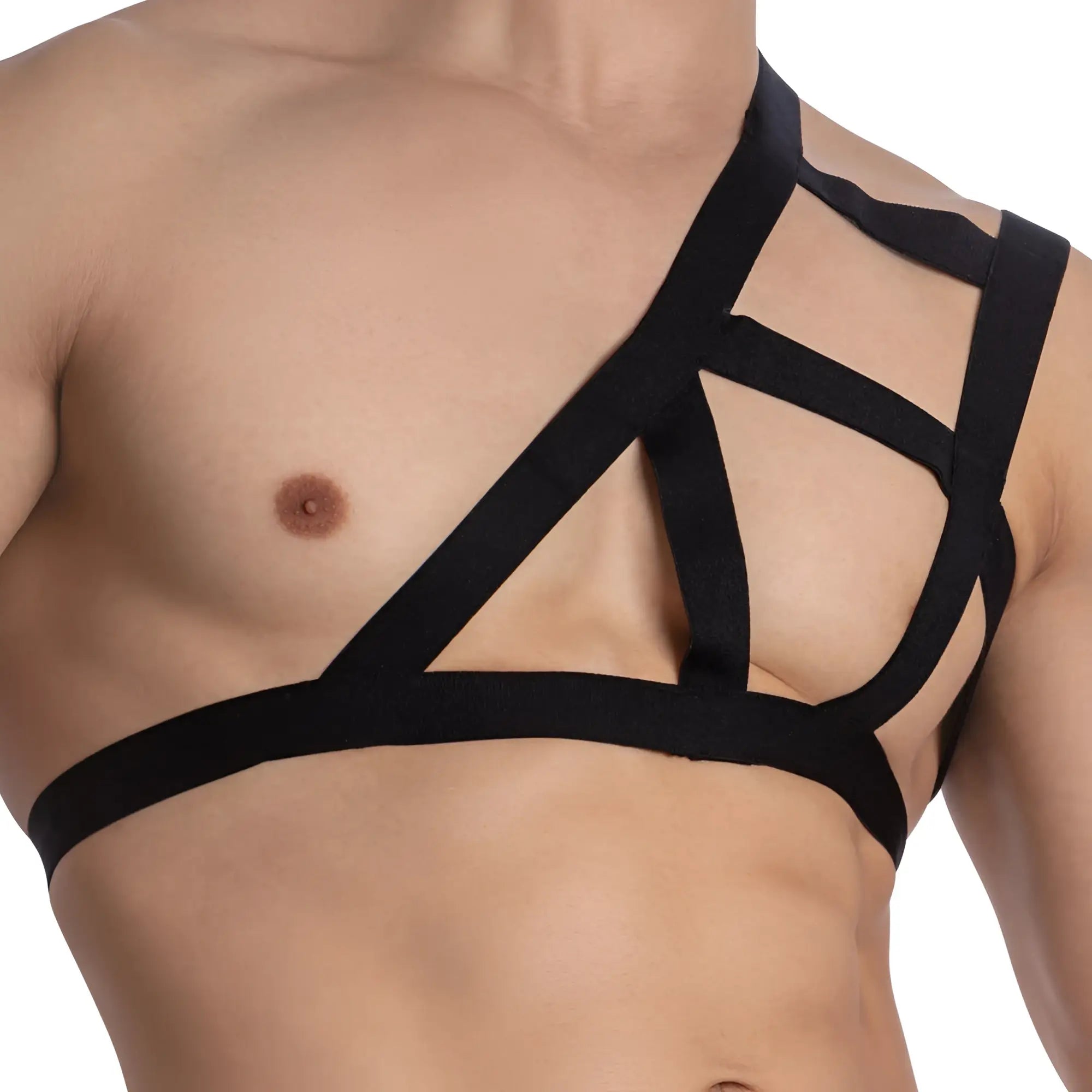 Black elastic strap harness miami jock mju007 accessory with geometric crisscross design shown from the back side