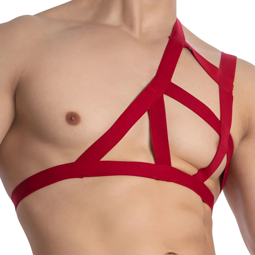 Red velvet strap harness with geometric crisscross design accessory from miami jock mju007 showing back side
