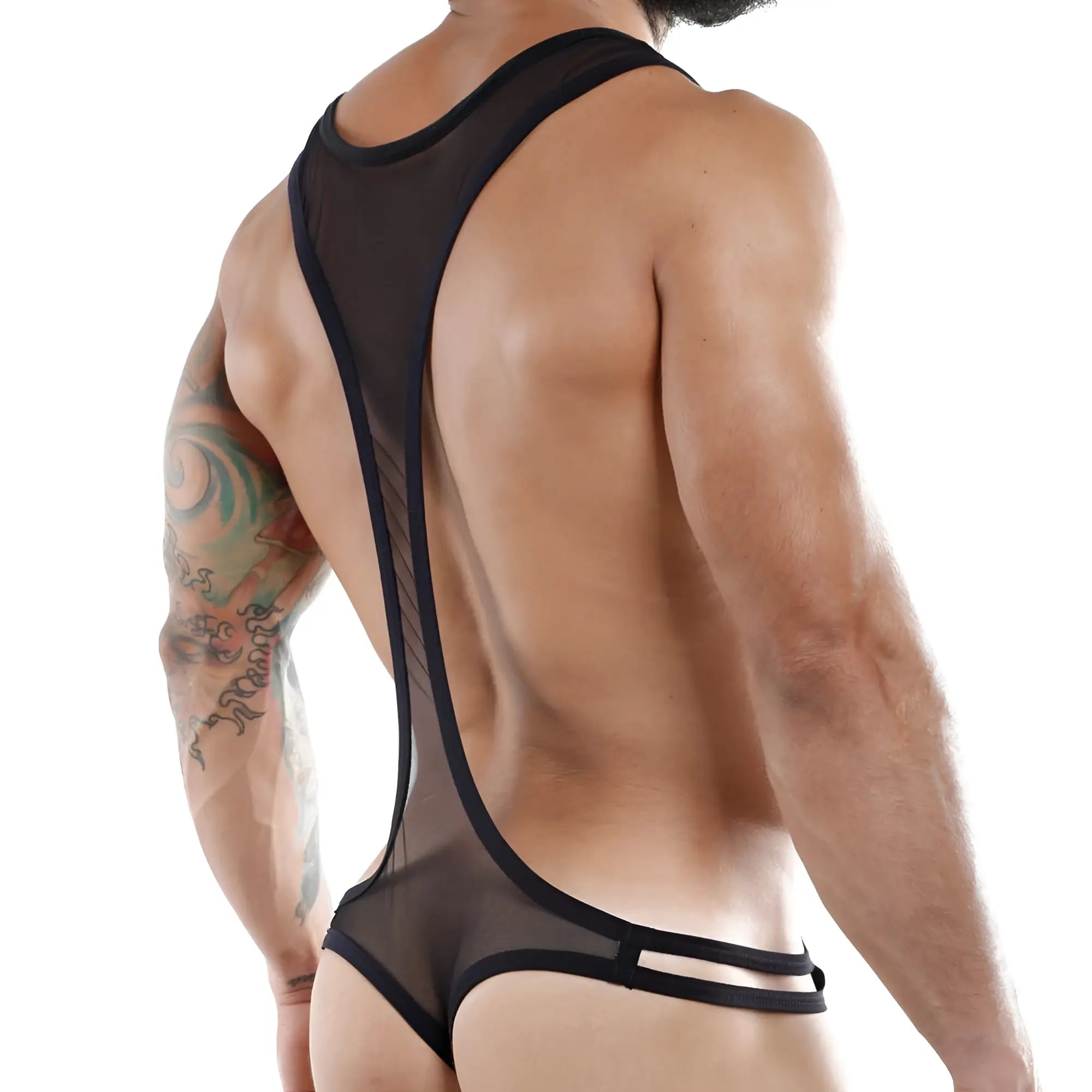 Black sheer mesh one-piece bodysuit with black elastic trim and double-strapped back design shown from the back