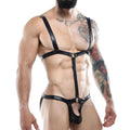 Black leather Miami Jock MJV014 bodysuit and harness with adjustable straps and central ring detail