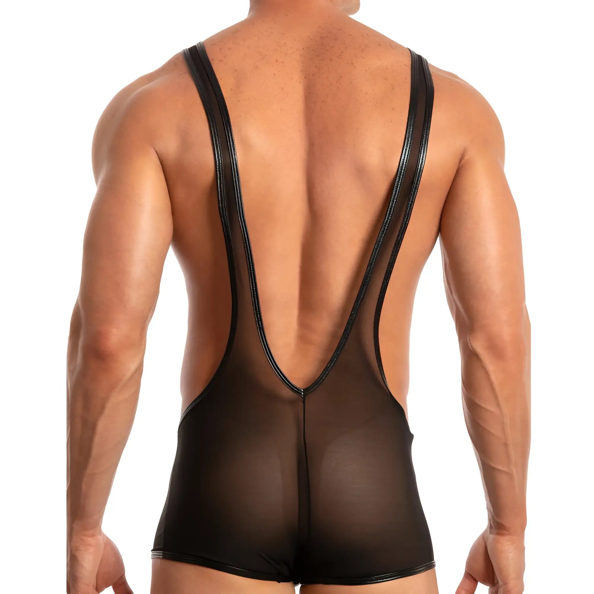 Black sheer mesh Miami Jock mjv024 bodysuit with glossy black strap detailing and harness design