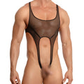 Black sheer mesh Miami Jock MJV027 bodysuit and harness with black trim and cutout design