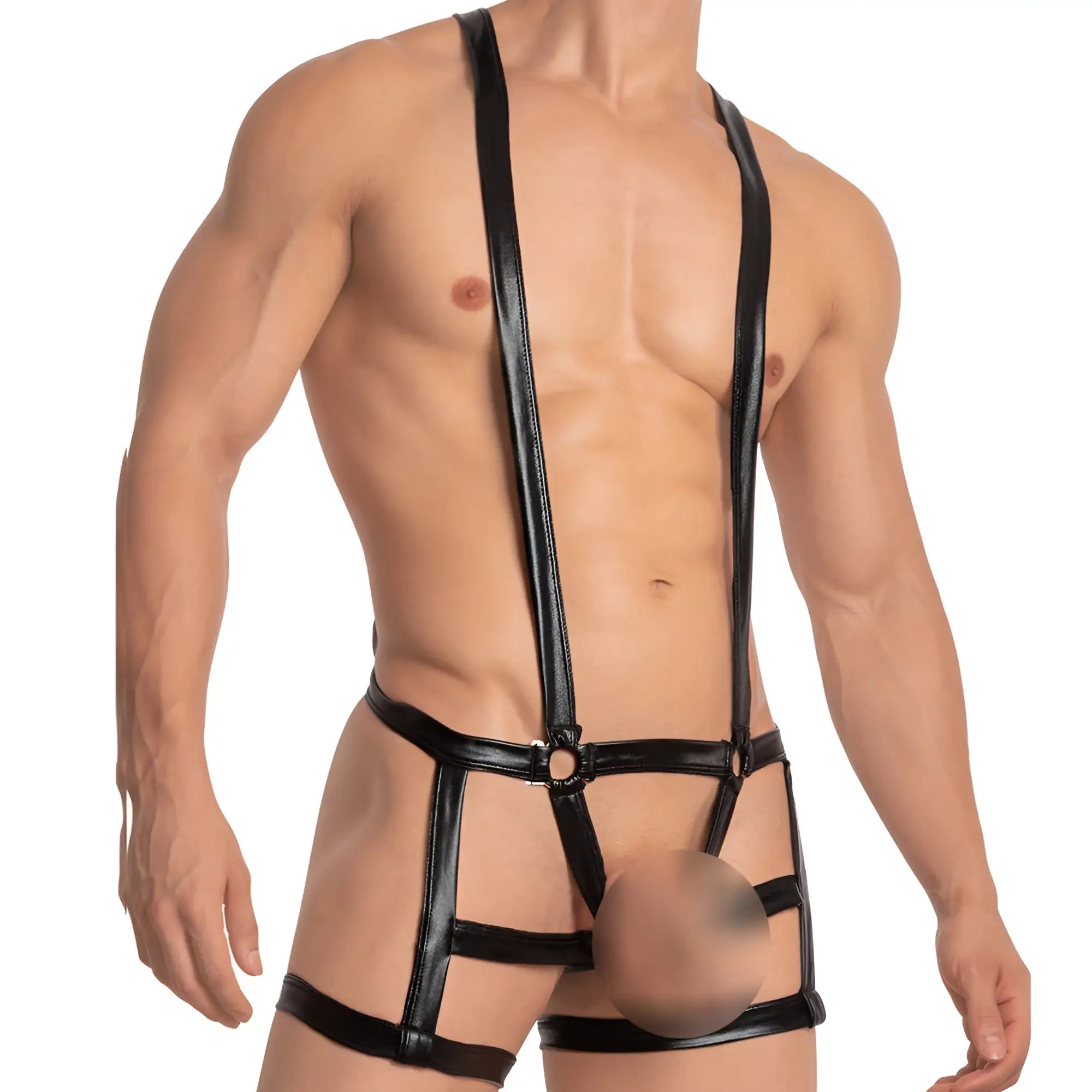 Black patent leather Miami Jock MJV029 bodysuit and harness with adjustable straps and central circular buckle