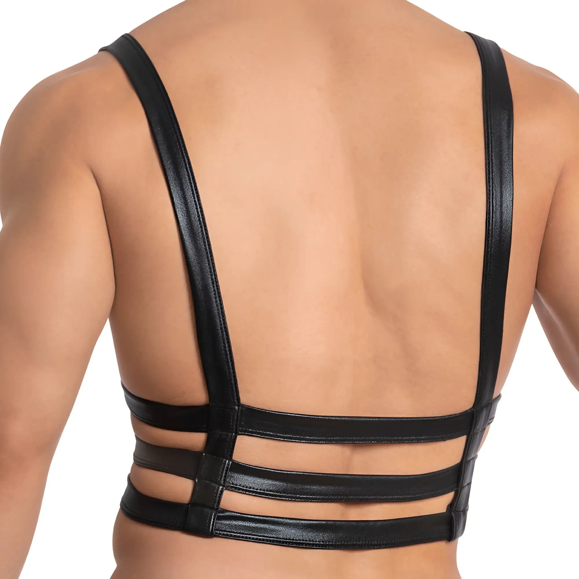 Black faux leather Miami Jock MJV030 bodysuit and harness backless top with strappy multiple horizontal bands and adjustable straps