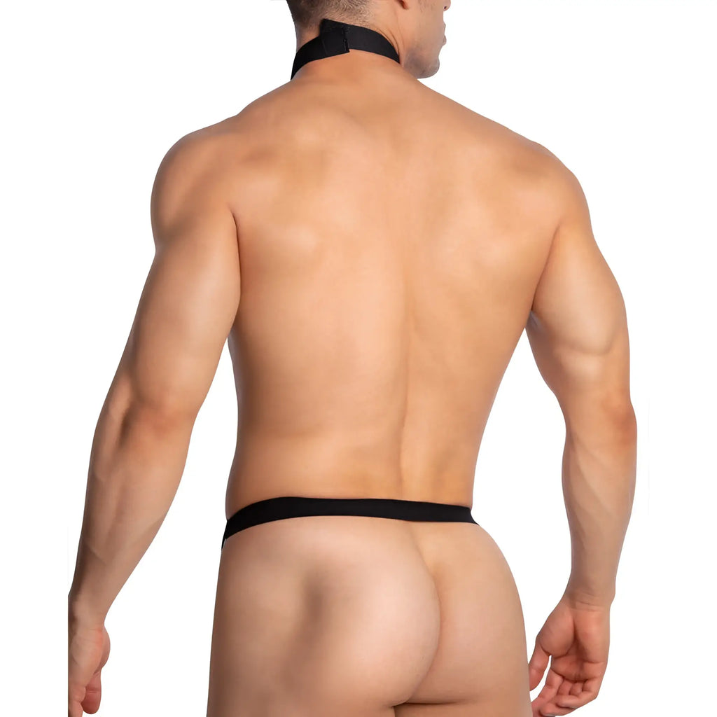 Black sleek minimalist Miami Jock mjv034 bodysuit and harness with snug fit men’s underwear visible from the back