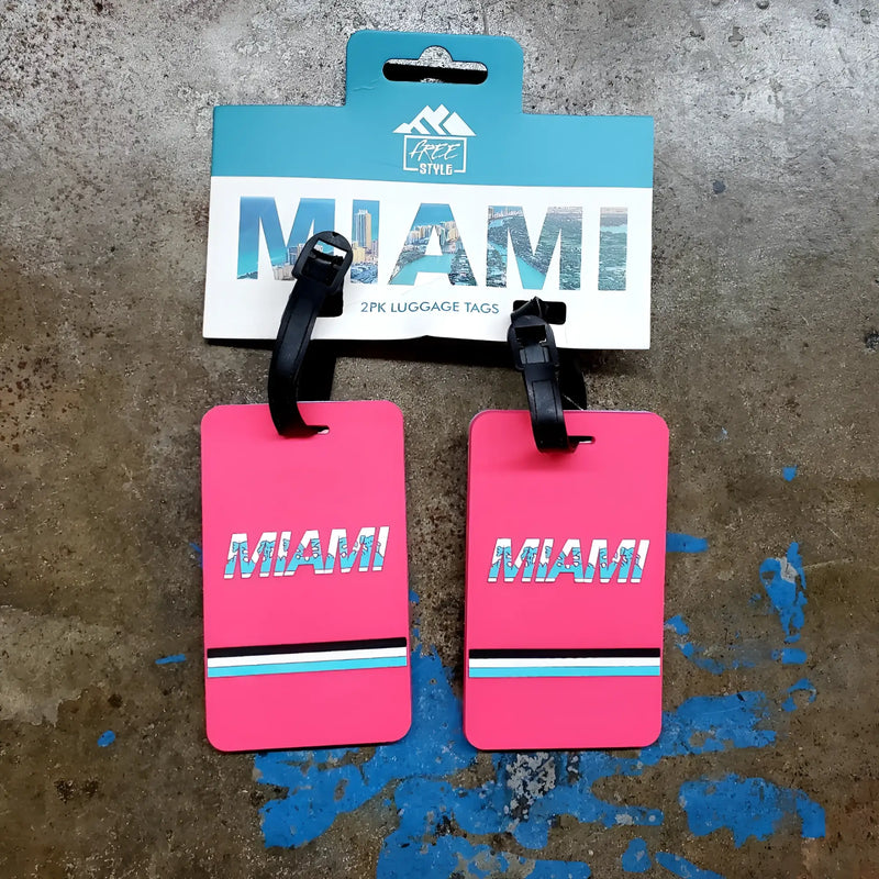 Bright pink miami luggage tags set of 2 with bold white letters and black blue turquoise stripes for easy identification