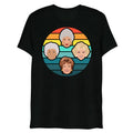 Black short-sleeved t-shirt with a miami sunset circular graphic of the golden girls on a rainbow gradient background