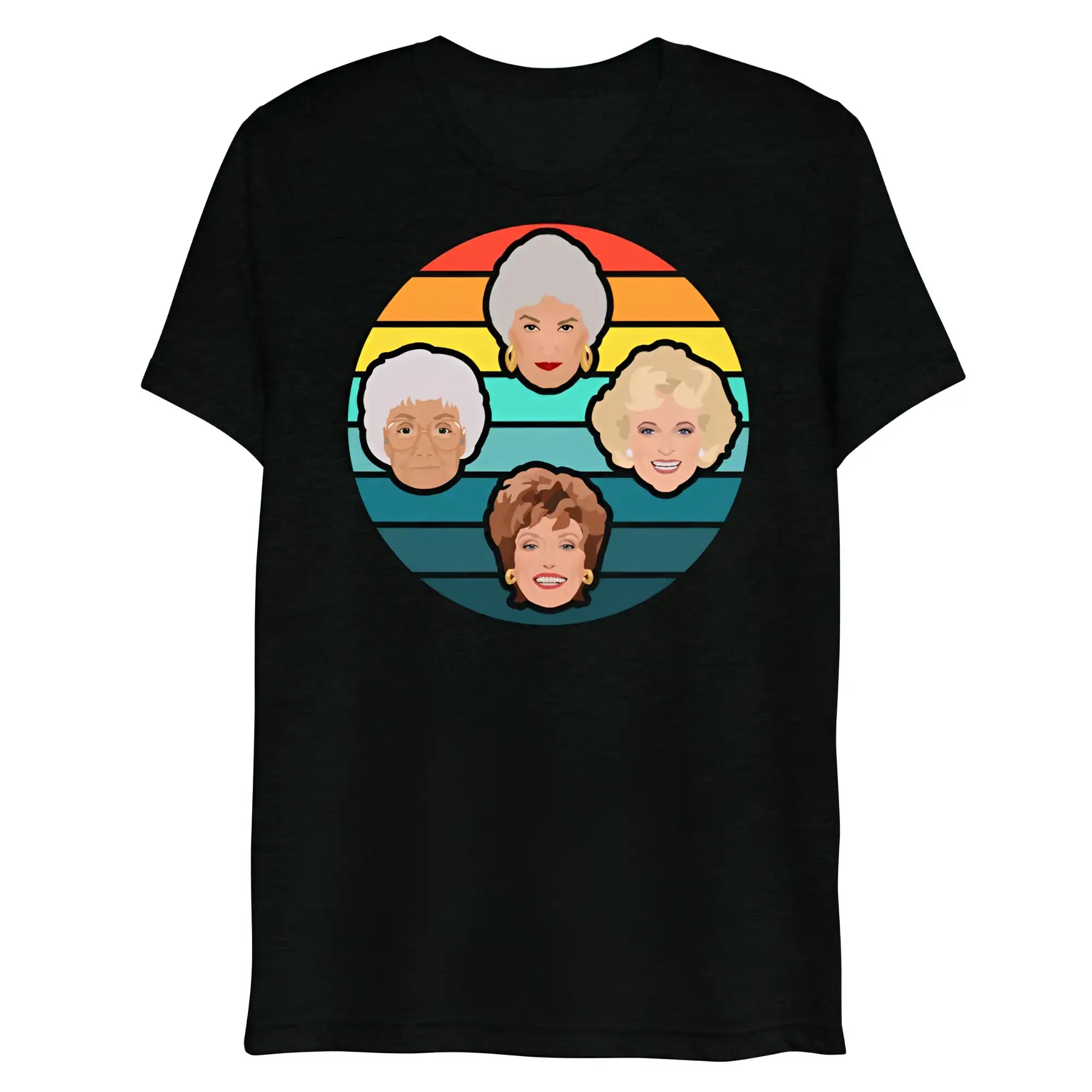 Black short-sleeved t-shirt with a miami sunset circular graphic of the golden girls on a rainbow gradient background
