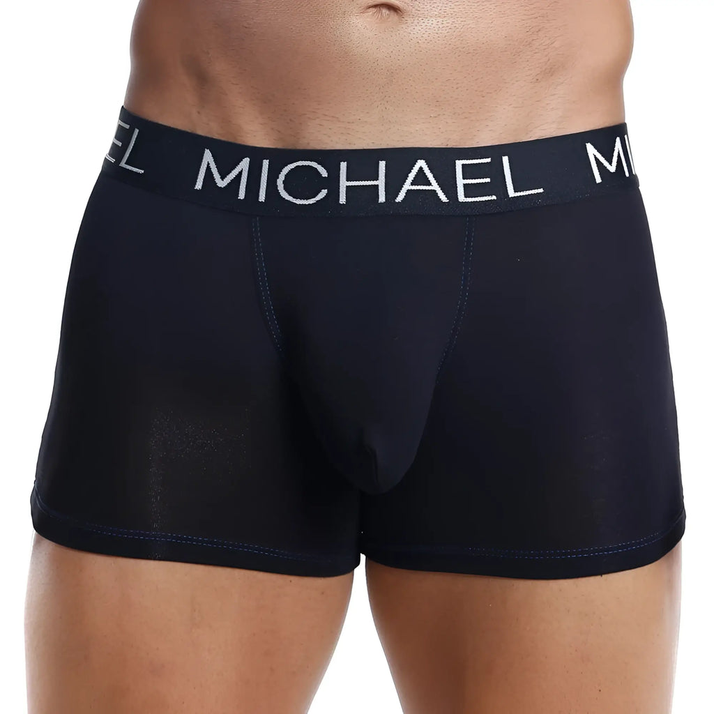 Black Michael Kors MLG001 boxer trunk briefs with a white logo waistband designed for comfortable daily wear