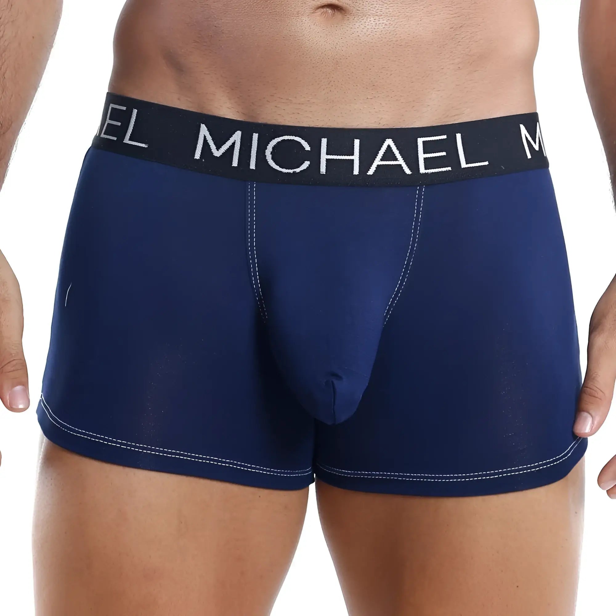 Navy blue michael kors michael mlg001 boxer trunk with white stitching and black waistband with white brand lettering