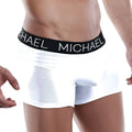 White michael mlg010 boxer trunk briefs with black elastic waistband and michael logo in white lettering