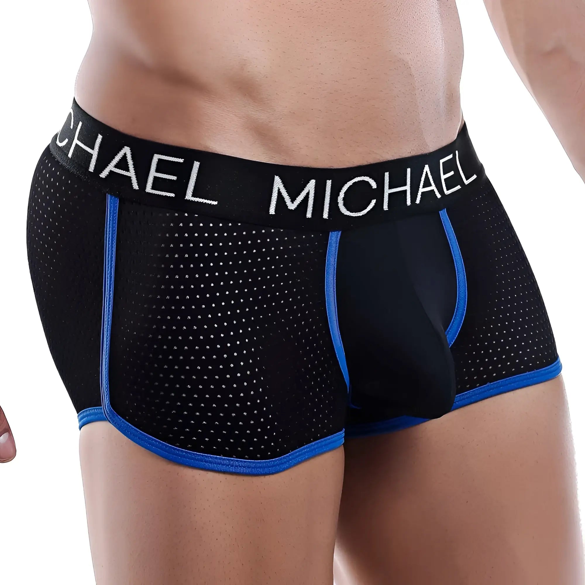 Black michael mlg011 boxer trunk briefs with blue trim and perforated mesh design for breathable comfort