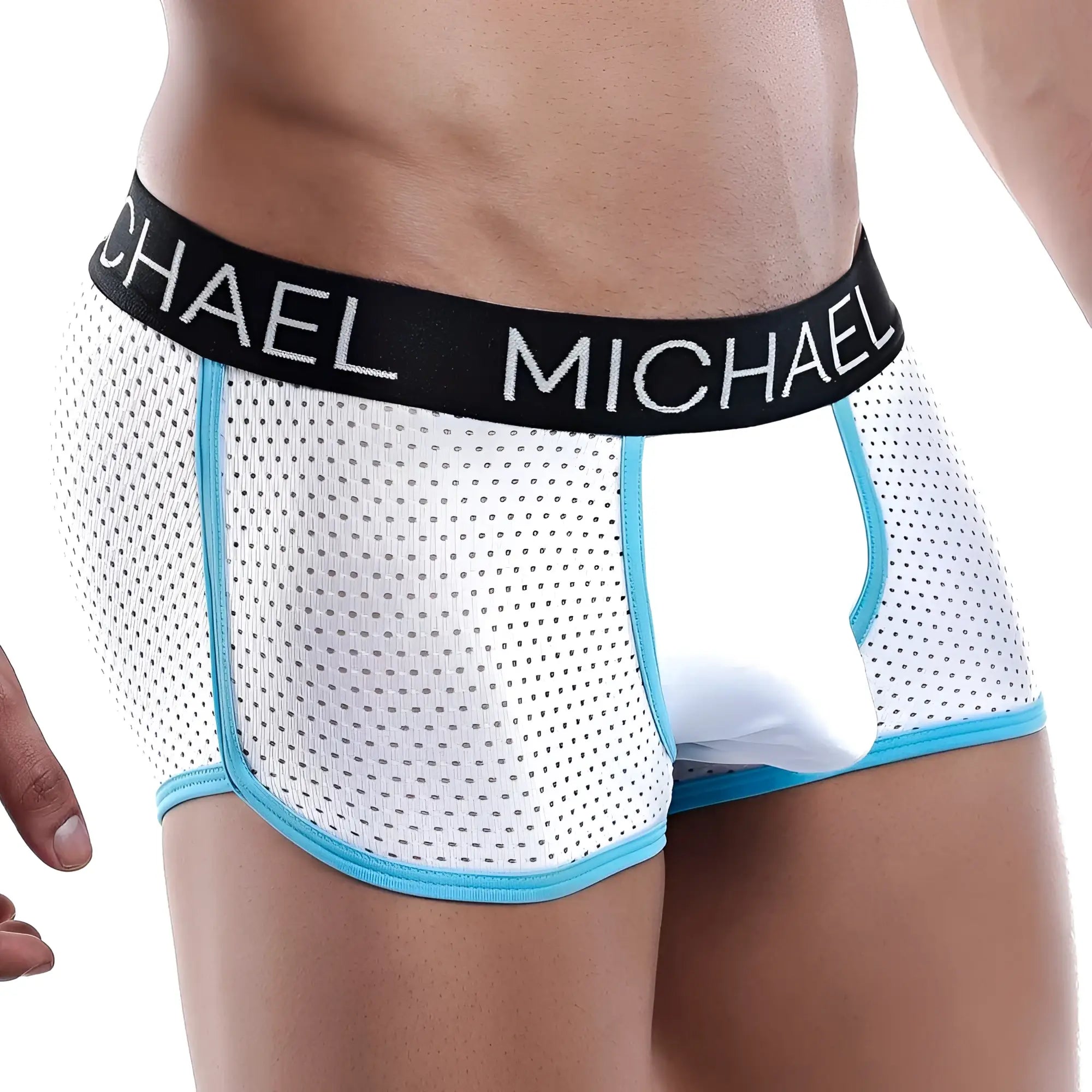 White perforated michael MLG011 boxer trunk with light blue trim and black waistband for comfortable wear