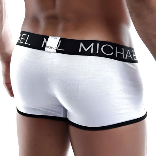 White michael mlg012 boxer trunk briefs with black elastic waistband and trim for comfortable daily wear