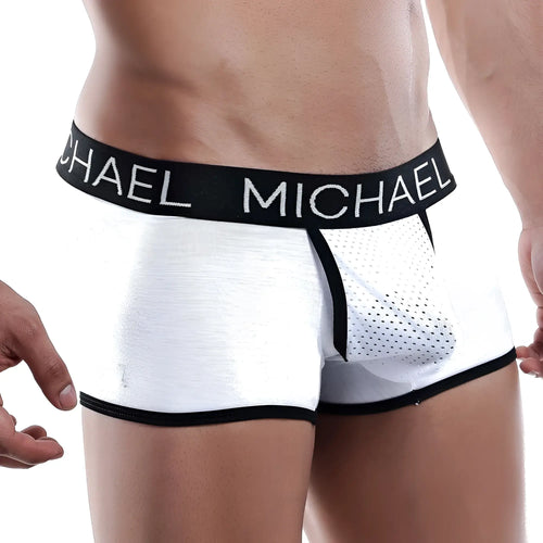 White michael mlg012 boxer trunk briefs with black trim and breathable mesh panel for comfortable wear
