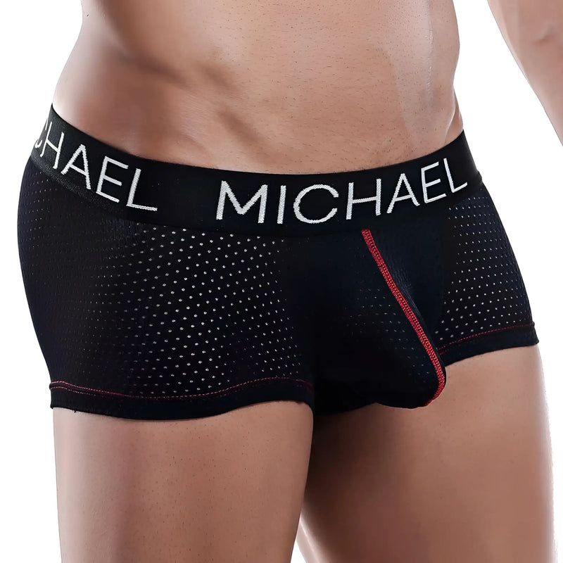 Black michael mlg013 boxer trunk men’s boxer briefs with perforated mesh design and red stitching accents