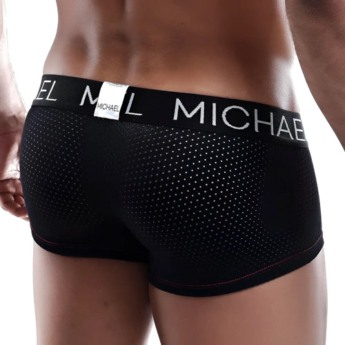 Black michael mlg013 boxer trunk briefs with perforated mesh design and white branded waistband in front view