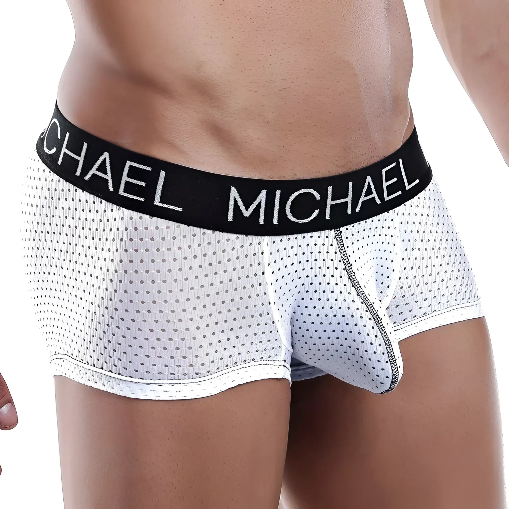 White perforated mesh michael mlg013 boxer trunk briefs with black elastic waistband and michael branding
