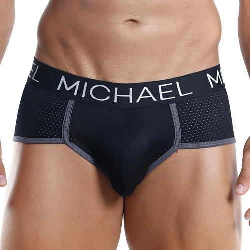 Black michael mlh005 briefs with perforated mesh design and gray trim for breathable comfort and style